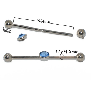 Detail view of 14G G23 titanium industrial barbell with blue stone and 36mm bar length