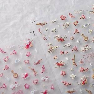 Cute Chinese style cartoon nail stickers featuring white cats and cherry blossoms