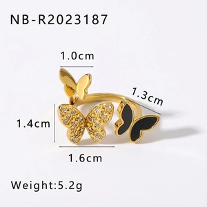 Detailed view of 3D butterfly ring with cubic zirconia and black enamel accents, 5.2g weight