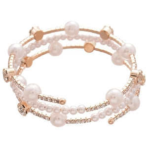 Elegant rose gold multi-layer wrap bracelet with pearls and shimmering pavé crystals