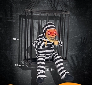 Detailed dimensions of Halloween skeleton prisoner in cage with glowing red eyes
