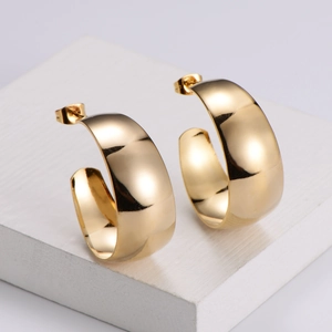 Minimalist wide C-shape 18k gold plated stainless steel hoop earrings with polished finish