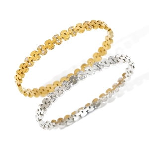 Polished stainless steel gold and silver H-link bangles with sparkling crystals
