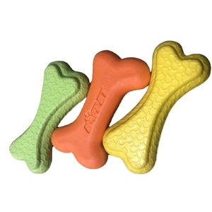 Three durable bone-shaped rubber dog chew toys with textured surface in green, orange, yellow