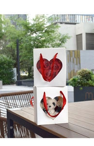 White gift bag with heart window showing red roses and a cute panda plush doll