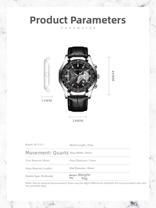 Detailed specs showing silver metal case and 46mm large black dial on leather watch