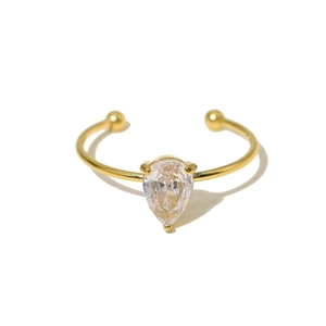 Adjustable 18K gold-plated titanium ring with a pear-cut white teardrop zircon stone