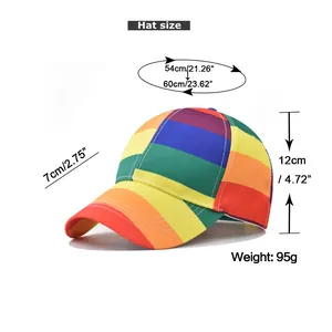 Detailed size chart for the colorful rainbow striped baseball cap showing dimensions and weight
