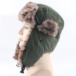 Detail view of army green trapper hat with brown faux fur lining and chin strap buckle