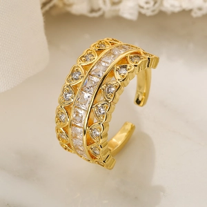Women Copper Open Ring Heart Shape Hollow Design Micro Paved Zircon Adjustable Geometric Gold Plated Finger Jewelry