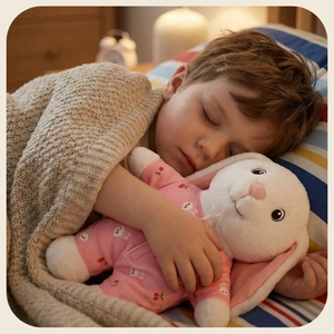 Close-up of a plush white rabbit in pink pajamas being cuddled by a sleeping child
