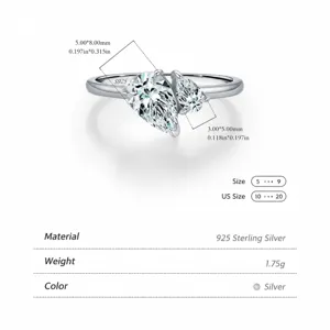 Bague irrégulière en argent 925 avec zircons goutte d'eau et guide des tailles