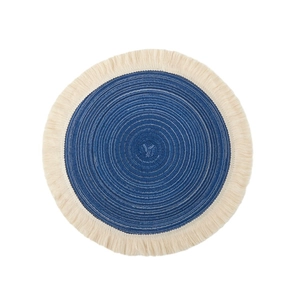 Nordic round blue woven placemat with beige fringe tassels made of cotton and ramie