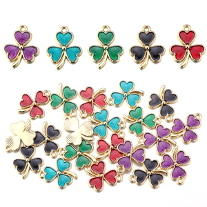 Colorful enamel clover pendants with gold metal frames for DIY jewelry making