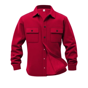 Detail of burgundy men's fleece jacket showing lapel, chest pocket, and warm inner lining