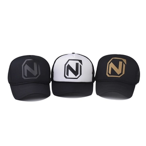 Three stylish mesh trucker hats with 3D letter N shield logo in black and gold colors