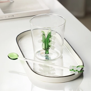 Exquisite 3D lily of the valley glass cup with matching flower spoon and ceramic tray