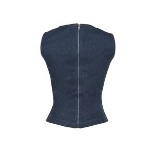 Close-up of slim fit blue denim vest back featuring a full-length metal zipper closure
