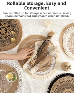 Close-up of flexible jute placemat with bohemian patterns and fringe for easy storage