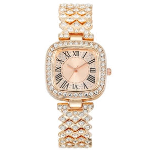 Luxurious rose gold square watch for women with full crystal setting and Roman numerals