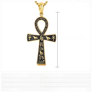 Détail du pendentif Ankh doré avec hiéroglyphes et spécifications de la taille