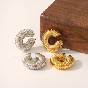Minimalist 18K gold and silver stainless steel C-shaped textured earrings set