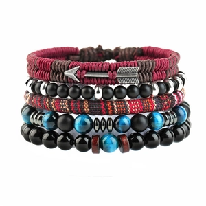 Multilayer Woven Cowhide Leather Bracelet With Tiger Eye Stone Lava Rock Beads Alloy Charm Jewelry For Men