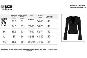 Detailed size chart for lace deep V-neck long sleeve top with precise measurements