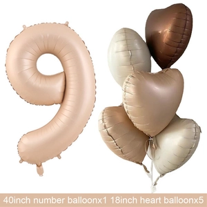 Detail of 40-inch caramel number 9 balloon and heart-shaped foil balloons set