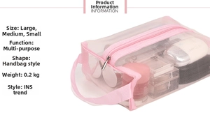 Vue détaillée des trousses de maquillage en filet rose en trois tailles avec fermeture