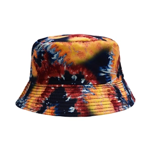 Detailed view of colorful tie-dye bucket hat with reinforced brim stitching and vibrant pattern