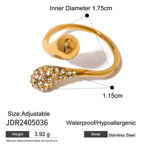 Detail view of adjustable gold stainless steel ring with dimensions and weight specs