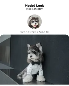 Detailed view of white cotton dog dress shirt with black bowtie on Schnauzer, model look
