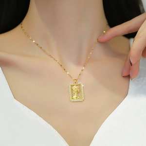 Titanium steel gold portrait pendant necklace with zirconia border worn by female model