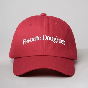 Classic red baseball cap with white Favorite Daughter embroidery in a six-panel cotton design