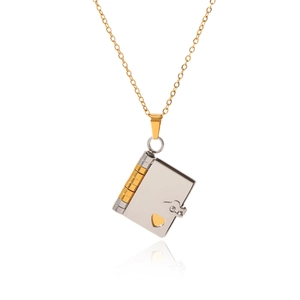 Two-tone stainless steel heart book locket pendant necklace with golden chain and silver cover