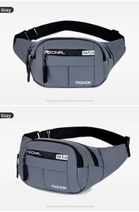 Close-up of waterproof grey nylon waist bag featuring multiple zipper compartments and strap