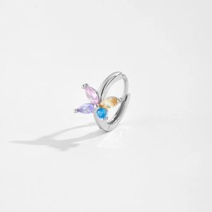 Macro shot of S925 silver hoop earrings with marquise-cut colorful zircon flower patterns