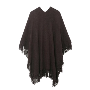 Women's winter fashion knit poncho cloak with decorative fringe trim in dark coffee brown