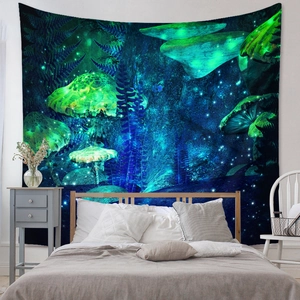 Detail of enchanted forest mushroom tapestry hanging as a bedroom wall backdrop