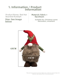 Detail of Red Hat Rudolph Gnome plush with dimensions 43CM x 16CM for Christmas