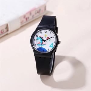 Orologio al quarzo per bambini con cinturino in silicone nero e dinosauro blu sul quadrante