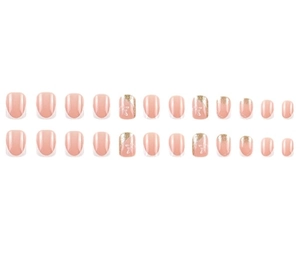 24-teiliges Set French Press-on-Nägel in Nude-Pink mit goldenen Glitzerdetails und weißem Rand
