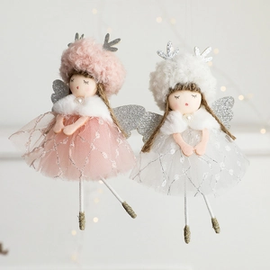 Pink and white angel plush ornaments with deer antlers and mesh skirts for Christmas trees