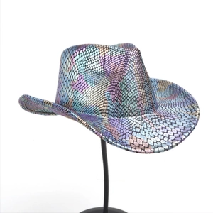 Macro detail of holographic fish scale texture on a colorful western cowboy hat
