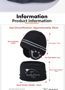 Detailed measurement guide for kids knit hat and scarf set with smile embroidery