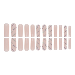 Set of 24 long square nude pink press-on nails with shiny rhinestones and glossy finish
