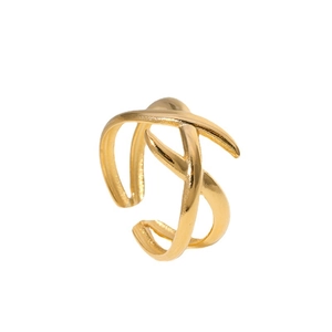 Minimalist gold stainless steel open ring with artistic intertwined geometric lines design