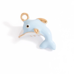 Light blue enamel dolphin pendant with gold metal trim for DIY jewelry necklaces