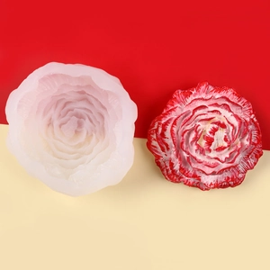 Translucent silicone peony rose flower mold with finished red wax candle flower casting